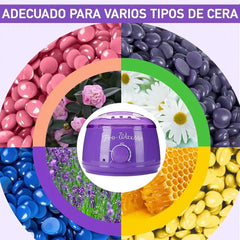 Calentador Fundidor de Cera para Depilación con 5 paquetes de Perlas de Cera Española para depilar 100 gramos, Aplicadores Y Lociones